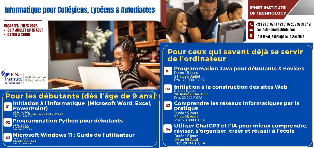 Vacances utiles 2025 : Cours informatiques pour collégiens, lycéens et autodidactes du 7 juillet au15 Aout 2025   